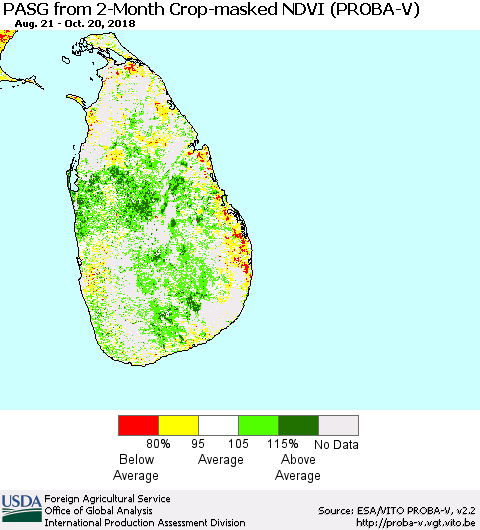 Sri Lanka PASG from 2-Month Crop-masked NDVI (PROBA-V) Thematic Map For 10/11/2018 - 10/20/2018