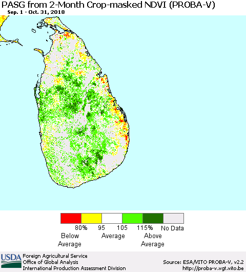 Sri Lanka PASG from 2-Month Crop-masked NDVI (PROBA-V) Thematic Map For 10/21/2018 - 10/31/2018