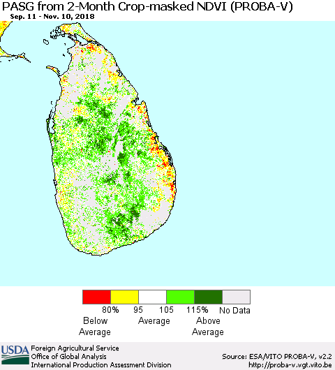 Sri Lanka PASG from 2-Month Crop-masked NDVI (PROBA-V) Thematic Map For 11/1/2018 - 11/10/2018