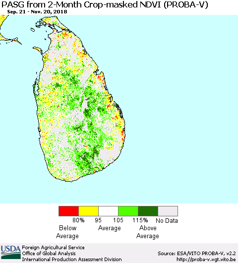 Sri Lanka PASG from 2-Month Crop-masked NDVI (PROBA-V) Thematic Map For 11/11/2018 - 11/20/2018