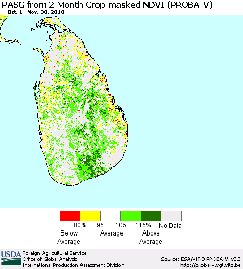 Sri Lanka PASG from 2-Month Crop-masked NDVI (PROBA-V) Thematic Map For 11/21/2018 - 11/30/2018