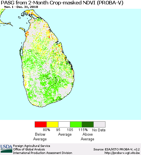 Sri Lanka PASG from 2-Month Crop-masked NDVI (PROBA-V) Thematic Map For 12/21/2018 - 12/31/2018