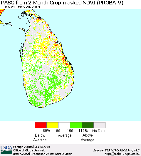 Sri Lanka PASG from 2-Month Crop-masked NDVI (PROBA-V) Thematic Map For 3/11/2019 - 3/20/2019