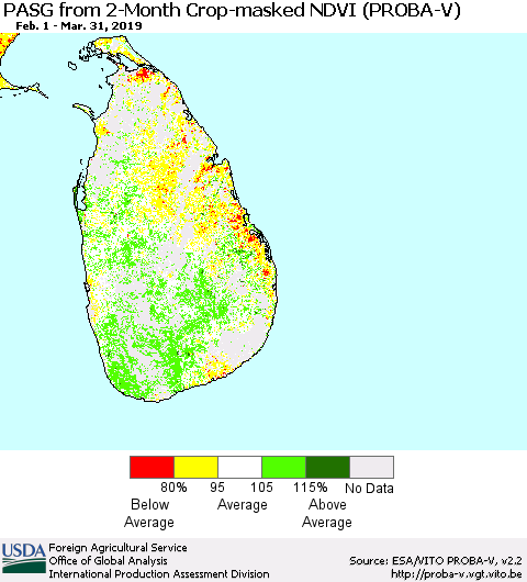Sri Lanka PASG from 2-Month Crop-masked NDVI (PROBA-V) Thematic Map For 3/21/2019 - 3/31/2019