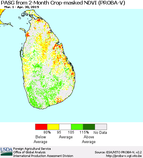 Sri Lanka PASG from 2-Month Crop-masked NDVI (PROBA-V) Thematic Map For 4/21/2019 - 4/30/2019