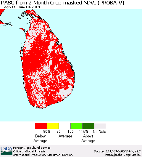 Sri Lanka PASG from 2-Month Crop-masked NDVI (PROBA-V) Thematic Map For 6/1/2019 - 6/10/2019