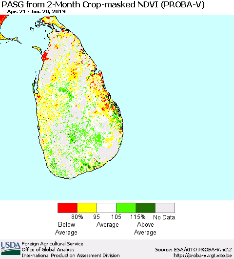 Sri Lanka PASG from 2-Month Crop-masked NDVI (PROBA-V) Thematic Map For 6/11/2019 - 6/20/2019