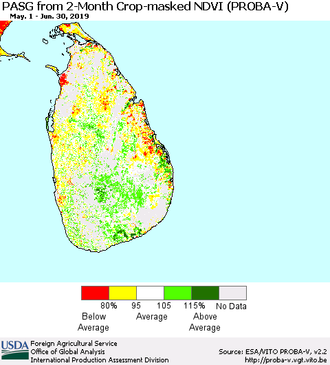 Sri Lanka PASG from 2-Month Crop-masked NDVI (PROBA-V) Thematic Map For 6/21/2019 - 6/30/2019