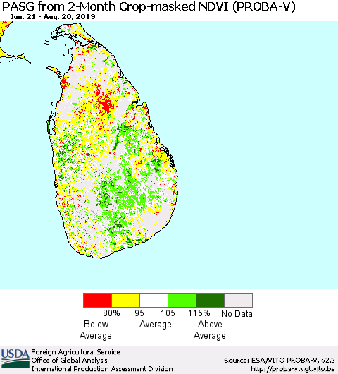 Sri Lanka PASG from 2-Month Crop-masked NDVI (PROBA-V) Thematic Map For 8/11/2019 - 8/20/2019