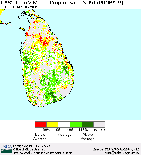 Sri Lanka PASG from 2-Month Crop-masked NDVI (PROBA-V) Thematic Map For 9/1/2019 - 9/10/2019