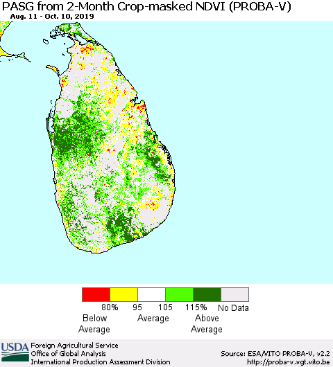 Sri Lanka PASG from 2-Month Crop-masked NDVI (PROBA-V) Thematic Map For 10/1/2019 - 10/10/2019