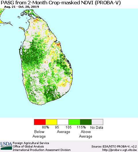 Sri Lanka PASG from 2-Month Crop-masked NDVI (PROBA-V) Thematic Map For 10/11/2019 - 10/20/2019