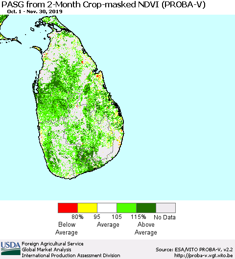 Sri Lanka PASG from 2-Month Crop-masked NDVI (PROBA-V) Thematic Map For 11/21/2019 - 11/30/2019