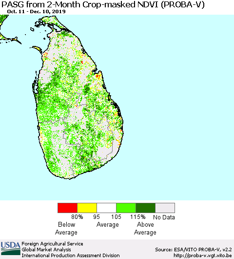 Sri Lanka PASG from 2-Month Crop-masked NDVI (PROBA-V) Thematic Map For 12/1/2019 - 12/10/2019