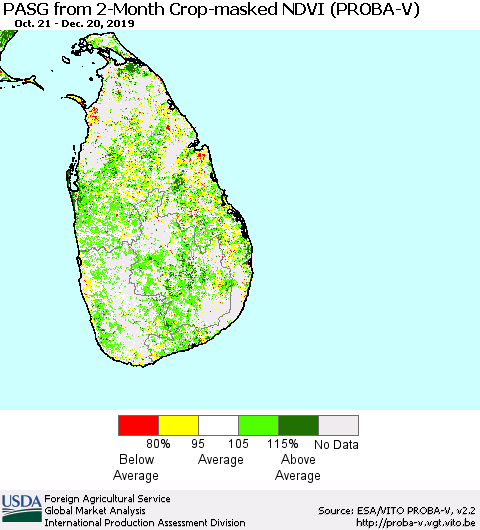 Sri Lanka PASG from 2-Month Crop-masked NDVI (PROBA-V) Thematic Map For 12/11/2019 - 12/20/2019
