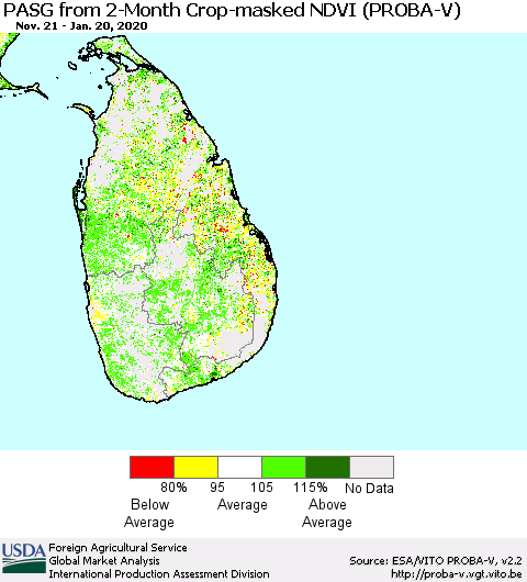 Sri Lanka PASG from 2-Month Crop-masked NDVI (PROBA-V) Thematic Map For 1/11/2020 - 1/20/2020