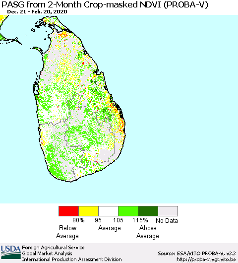 Sri Lanka PASG from 2-Month Crop-masked NDVI (PROBA-V) Thematic Map For 2/11/2020 - 2/20/2020