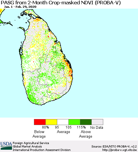 Sri Lanka PASG from 2-Month Crop-masked NDVI (PROBA-V) Thematic Map For 2/21/2020 - 2/29/2020