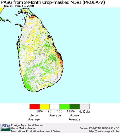 Sri Lanka PASG from 2-Month Crop-masked NDVI (PROBA-V) Thematic Map For 3/1/2020 - 3/10/2020