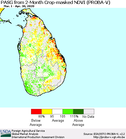 Sri Lanka PASG from 2-Month Crop-masked NDVI (PROBA-V) Thematic Map For 4/21/2020 - 4/30/2020