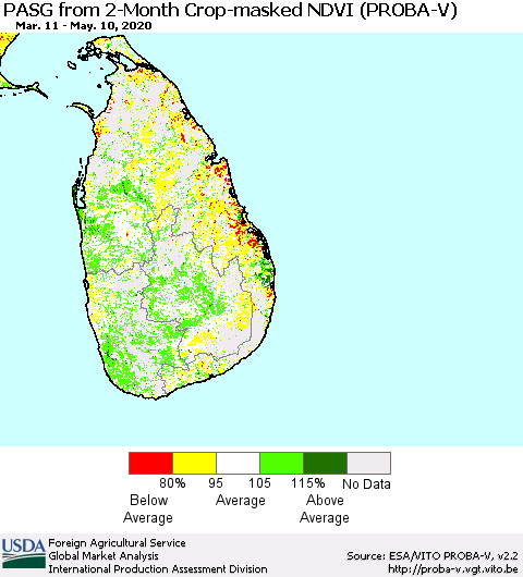 Sri Lanka PASG from 2-Month Crop-masked NDVI (PROBA-V) Thematic Map For 5/1/2020 - 5/10/2020
