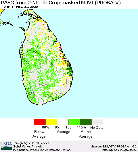 Sri Lanka PASG from 2-Month Crop-masked NDVI (PROBA-V) Thematic Map For 5/21/2020 - 5/31/2020