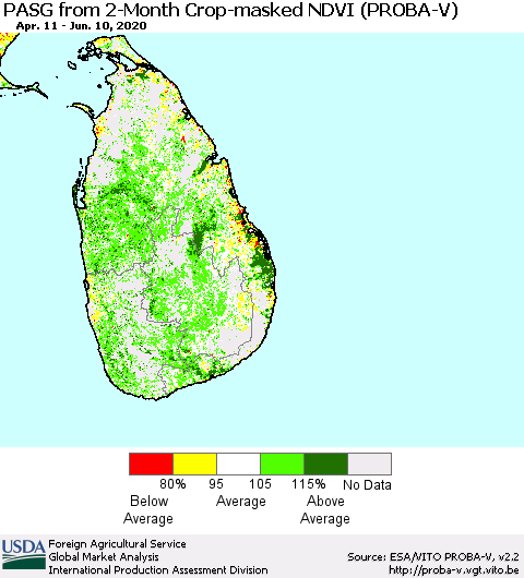 Sri Lanka PASG from 2-Month Crop-masked NDVI (PROBA-V) Thematic Map For 6/1/2020 - 6/10/2020