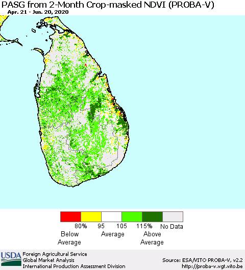 Sri Lanka PASG from 2-Month Crop-masked NDVI (PROBA-V) Thematic Map For 6/11/2020 - 6/20/2020