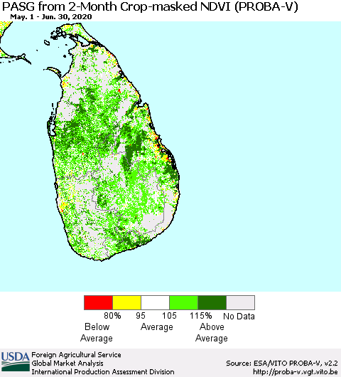 Sri Lanka PASG from 2-Month Crop-masked NDVI (PROBA-V) Thematic Map For 6/21/2020 - 6/30/2020