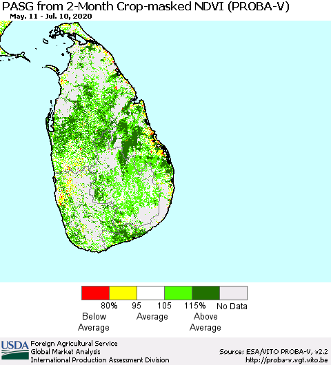 Sri Lanka PASG from 2-Month Crop-masked NDVI (PROBA-V) Thematic Map For 7/1/2020 - 7/10/2020