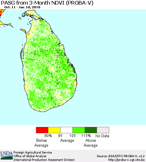 Sri Lanka PASG from 3-Month NDVI (PROBA-V) Thematic Map For 1/1/2018 - 1/10/2018