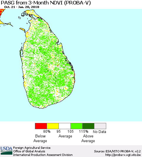 Sri Lanka PASG from 3-Month NDVI (PROBA-V) Thematic Map For 1/11/2018 - 1/20/2018