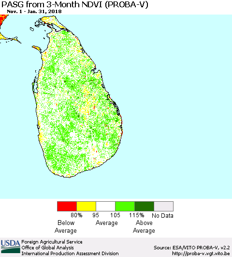 Sri Lanka PASG from 3-Month NDVI (PROBA-V) Thematic Map For 1/21/2018 - 1/31/2018