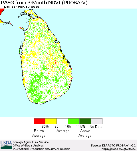 Sri Lanka PASG from 3-Month NDVI (PROBA-V) Thematic Map For 3/1/2018 - 3/10/2018