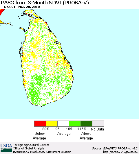 Sri Lanka PASG from 3-Month NDVI (PROBA-V) Thematic Map For 3/11/2018 - 3/20/2018
