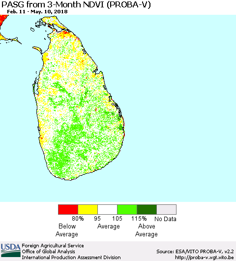 Sri Lanka PASG from 3-Month NDVI (PROBA-V) Thematic Map For 5/1/2018 - 5/10/2018