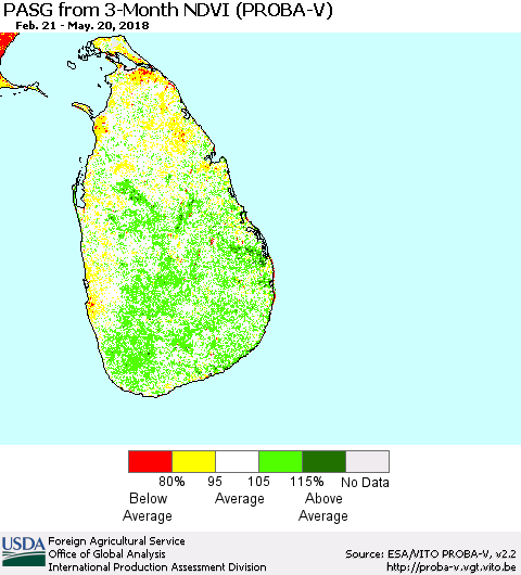 Sri Lanka PASG from 3-Month NDVI (PROBA-V) Thematic Map For 5/11/2018 - 5/20/2018