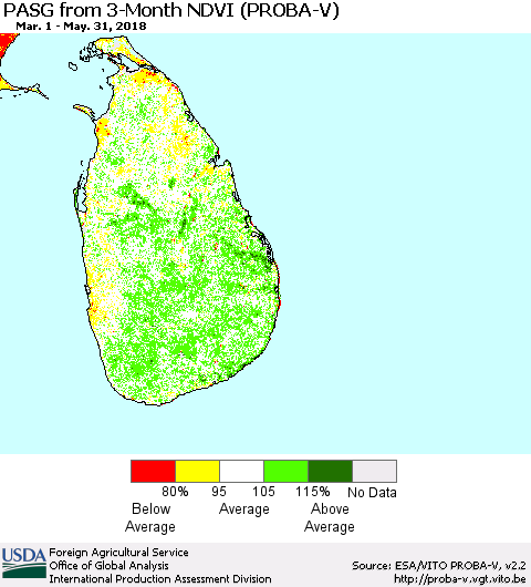 Sri Lanka PASG from 3-Month NDVI (PROBA-V) Thematic Map For 5/21/2018 - 5/31/2018