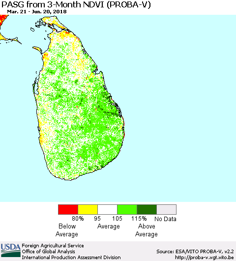 Sri Lanka PASG from 3-Month NDVI (PROBA-V) Thematic Map For 6/11/2018 - 6/20/2018