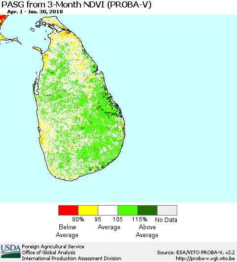 Sri Lanka PASG from 3-Month NDVI (PROBA-V) Thematic Map For 6/21/2018 - 6/30/2018