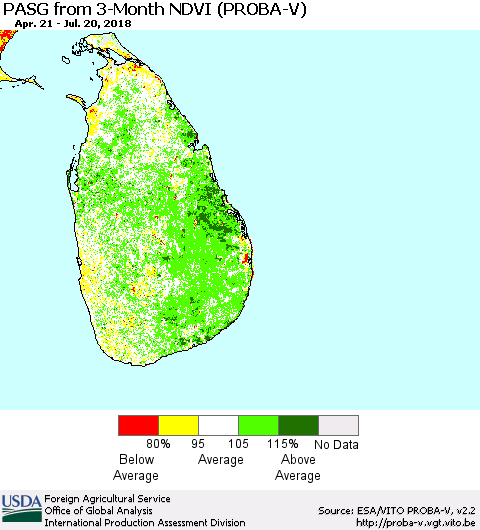 Sri Lanka PASG from 3-Month NDVI (PROBA-V) Thematic Map For 7/11/2018 - 7/20/2018