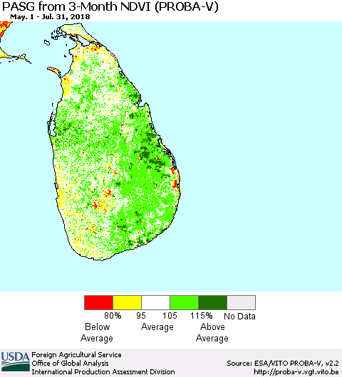 Sri Lanka PASG from 3-Month NDVI (PROBA-V) Thematic Map For 7/21/2018 - 7/31/2018