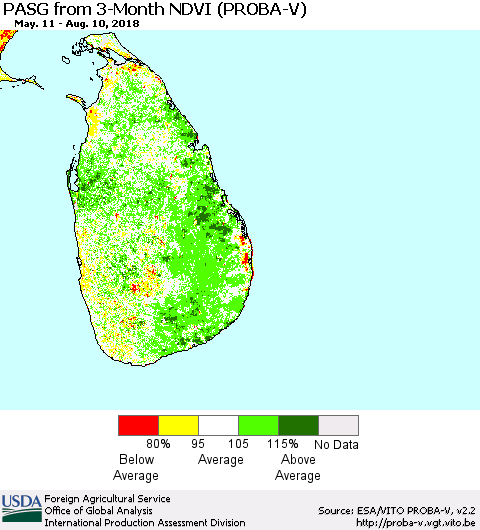 Sri Lanka PASG from 3-Month NDVI (PROBA-V) Thematic Map For 8/1/2018 - 8/10/2018