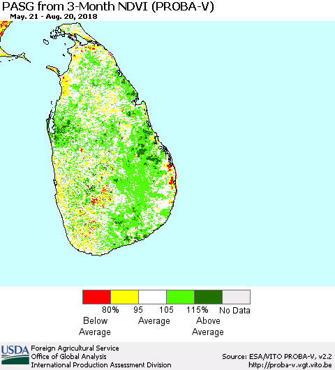 Sri Lanka PASG from 3-Month NDVI (PROBA-V) Thematic Map For 8/11/2018 - 8/20/2018