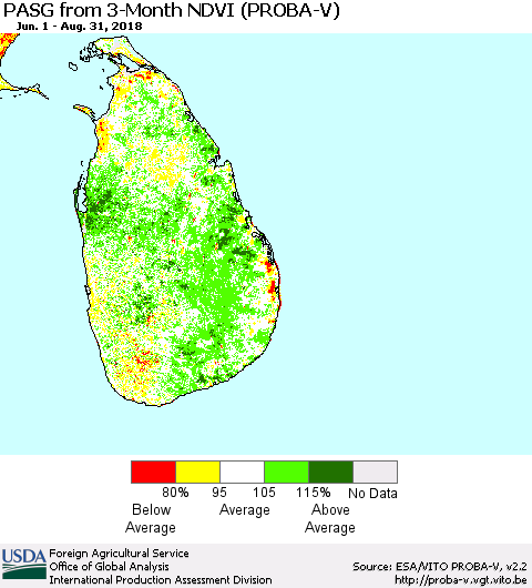 Sri Lanka PASG from 3-Month NDVI (PROBA-V) Thematic Map For 8/21/2018 - 8/31/2018