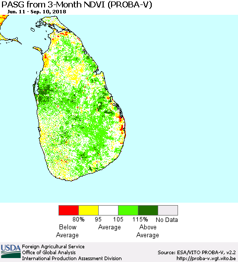 Sri Lanka PASG from 3-Month NDVI (PROBA-V) Thematic Map For 9/1/2018 - 9/10/2018
