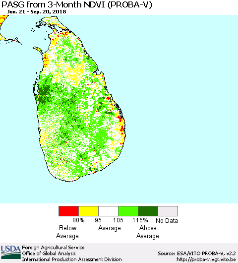 Sri Lanka PASG from 3-Month NDVI (PROBA-V) Thematic Map For 9/11/2018 - 9/20/2018