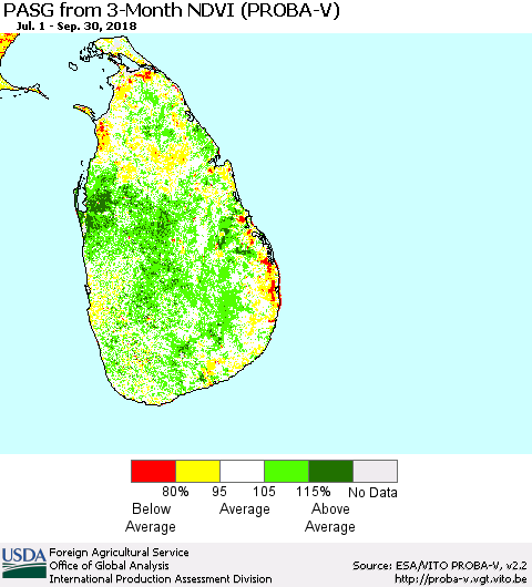 Sri Lanka PASG from 3-Month NDVI (PROBA-V) Thematic Map For 9/21/2018 - 9/30/2018