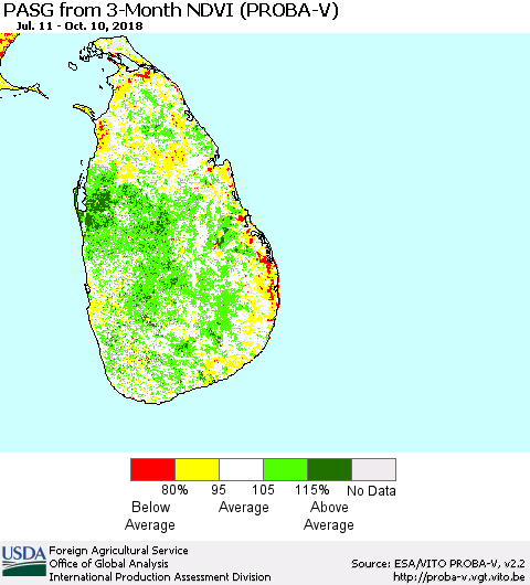 Sri Lanka PASG from 3-Month NDVI (PROBA-V) Thematic Map For 10/1/2018 - 10/10/2018