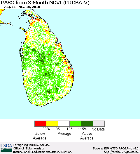 Sri Lanka PASG from 3-Month NDVI (PROBA-V) Thematic Map For 11/1/2018 - 11/10/2018